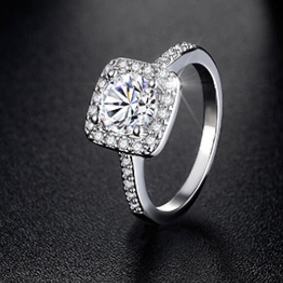 Silver Rhodium and White Diamond Cubic Zirconia Square Halo Ring - Picture 6 of 13